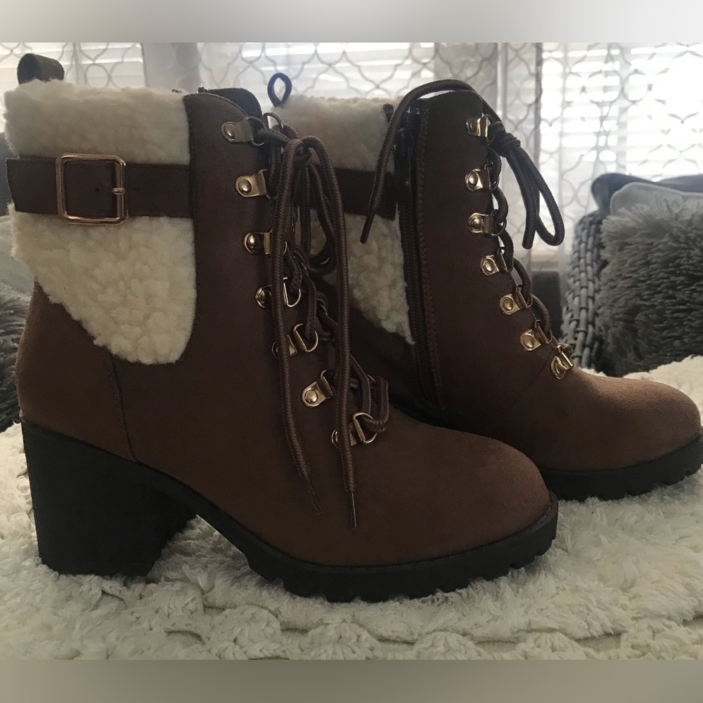 New Top Guy Pluto Faux Shearling Cuff Lug Sole Bootie